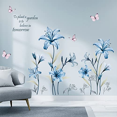 wondever Wandtattoo Blumen Blau Wandaufkleber Lilie Schmetterling Wandsticker Wanddeko für Wohnzimmer Schlafzimmer Fenster