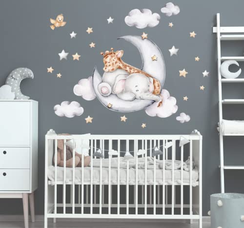 Giraffe mit Elefant auf dem Mond gute Freunde Sterne wolken Aquarell Wandtattoo für Kinderzimmer Aufkleber Wandsticker K1811 (85cm(B) x60cm(H))