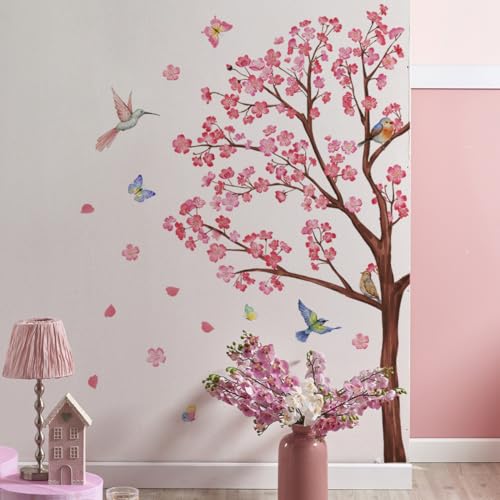 Runtoo Wandtattoo Baum Groß Kirschbaum Wandaufkleber Kirschblüte Blumen Rosa Wandsticker Schlafzimmer Wohnzimmer Kinderzimmer Wanddeko