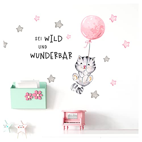 Little Deco Wandbilder Spruch sei wild & Katze I Wandbild L - 201 x 99 cm (BxH) I Luftballon Wandtattoo Aufkleber Kinderzimmer Mädchen Tiere Deko Babyzimmer Kinder DL322