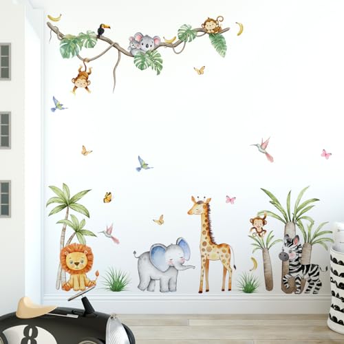 HaoFuJi Wandtattoo Dschungel Tiere Kinderzimmer Affen Zebra Waldtiere Junge Mädchen Deko Wandsticker Ast Löwe Wandaufkleber Wanddeko Wohnzimmer Babyzimmer Wandbild Kinder Aufkleber Safari Tapete