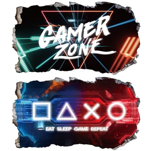 2Pcs Wandtattoo Gamer Zone 3D XXL - Cooles Bunte Gaming Wandaufkleber Selbstklebend - Geometrische Formen Wandsticker Wandbild Deko Geschenk für Jugendzimmer Junge Teenager - Groß: 58x100cm (02)