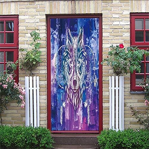 3D Türtapete Selbstklebend Türaufkleber - Sternentier Wolf - Türfolie Poster Premium Pvc Wasserfest Wandtattoo Für Schlafzimmer Wohnzimmer Tür Dekoration Tapete 80 X 200 Cm