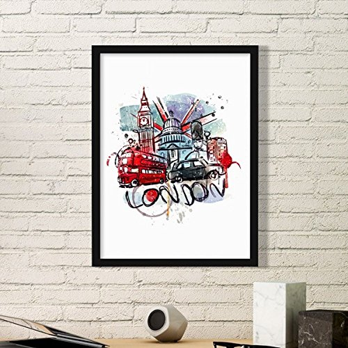 DIYthinker London Bus Big Ben Uk England Zeichen Aquarell Illustration Muster Einfacher Bilderrahmen Kunstdrucke von Paintings Startseite Wandtattoo Small Schwarz