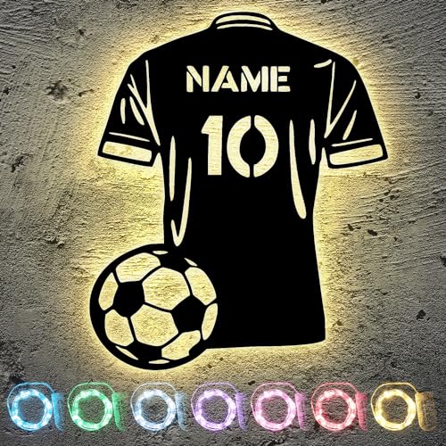 Fußball trikot personalisieren Led Licht mit Namen & Nummer – Fussballer aus MDF-Holz Fussball Geschenke für Jungs Männer Mädchen zum Geburtstag - Wand Deko