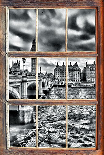 Stil.Zeit Monocrome, Themse London Big Pen Großbritannien Fenster im 3D-Look, Wand- oder Türaufkleber Format: 92x62cm, Wandsticker, Wandtattoo, Wanddekoration