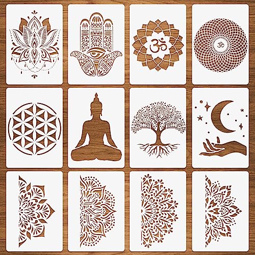 12 Stück Heilige Geometrie Schablonen, Hamsa Hand Torus Om Heiliger Lotus Mond Mandala Zen Schablonen Blume des Lebens Yoga Spirituelle Meditation Schablonen für Malerei auf Holz Stoff 21x29.7cm