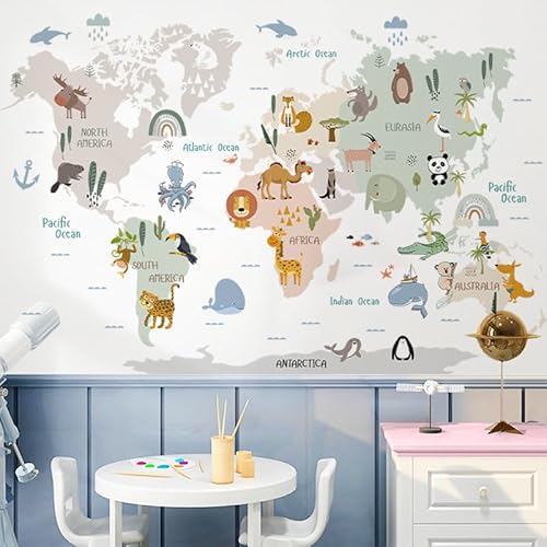 HGDESIGN® Wandaufkleber Wandtattoo Wandsticker Weltkarte Worldmap Tiere Kinderzimmer Babyzimmer Kind Baby Junge Mädchen Wanddeko selbstklebend (A)