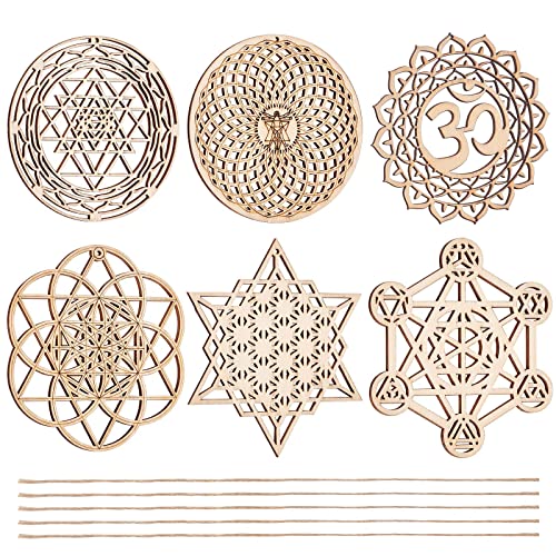 CHGCRAFT 6 Sets 6 Stil 3,96 Zoll Heilige Geometrie Wandkunst Set Meditation Chakra Holz Wandskulptur Blume Des Lebens Mandala Holz Kristallgitterplatte Für Yoga Meditationsraum Heimdekoration