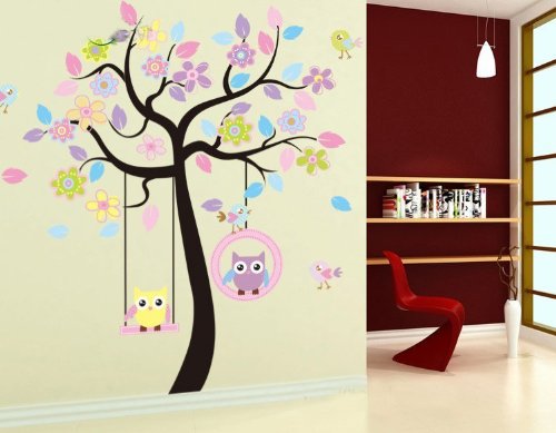 WallStickersDecal® Elefanten, Giraffen, Löwen, Affen & Eule spielen auf Baum Wandtattoo Aufkleber Wandaufkleber